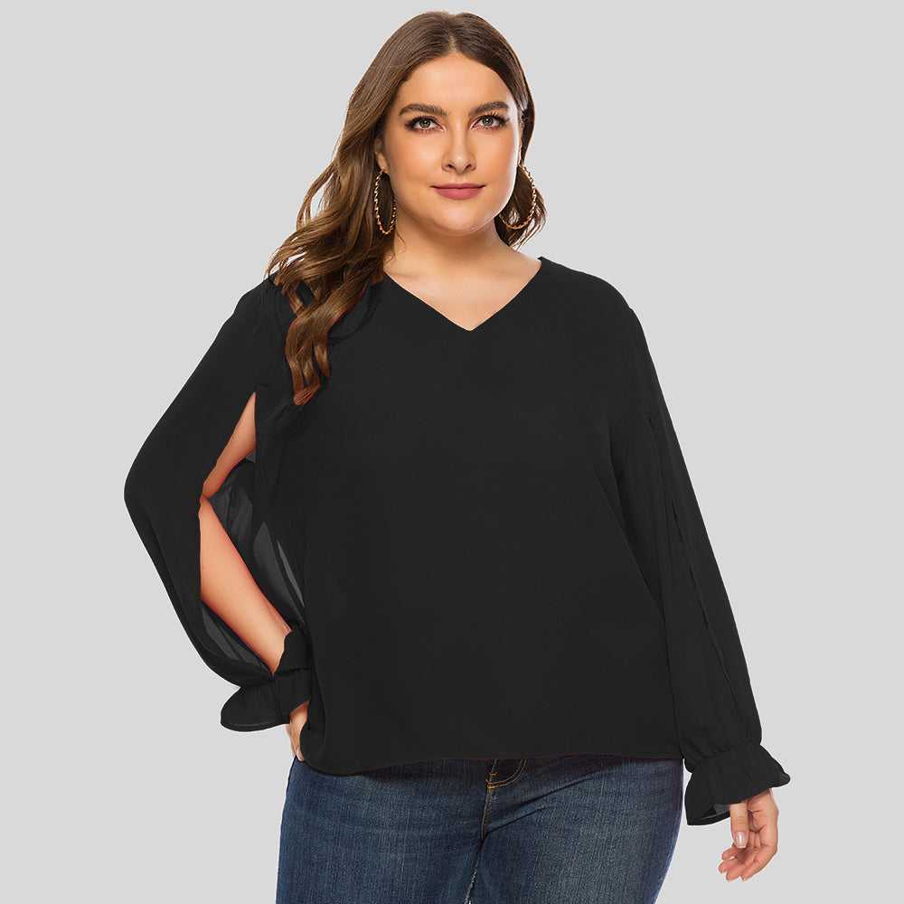Plus Size Women Solid V-neck Puffy Sleeve Loose Long Sleeve Chiffon Blouse Shirt - Fashionpara