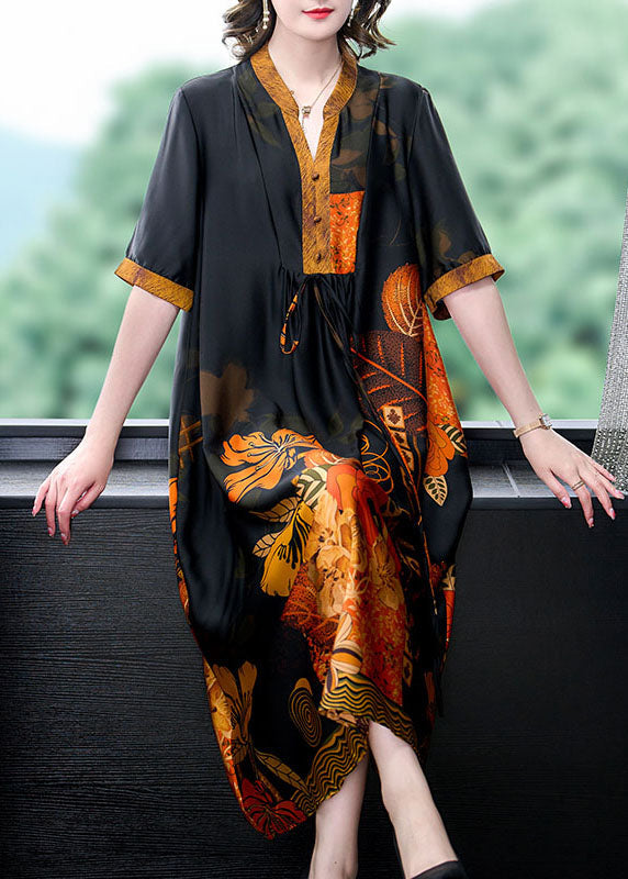 Satin Botanical Print Mandarin Collar V-Neck Midi Dress