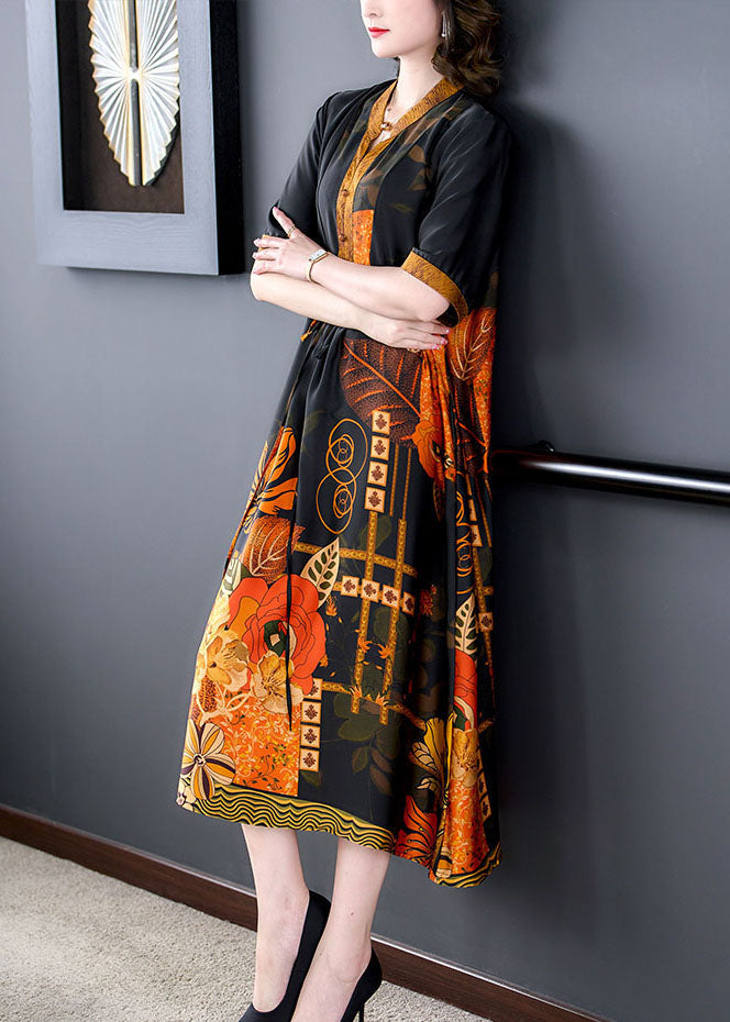 Satin Botanical Print Mandarin Collar V-Neck Midi Dress - View 3