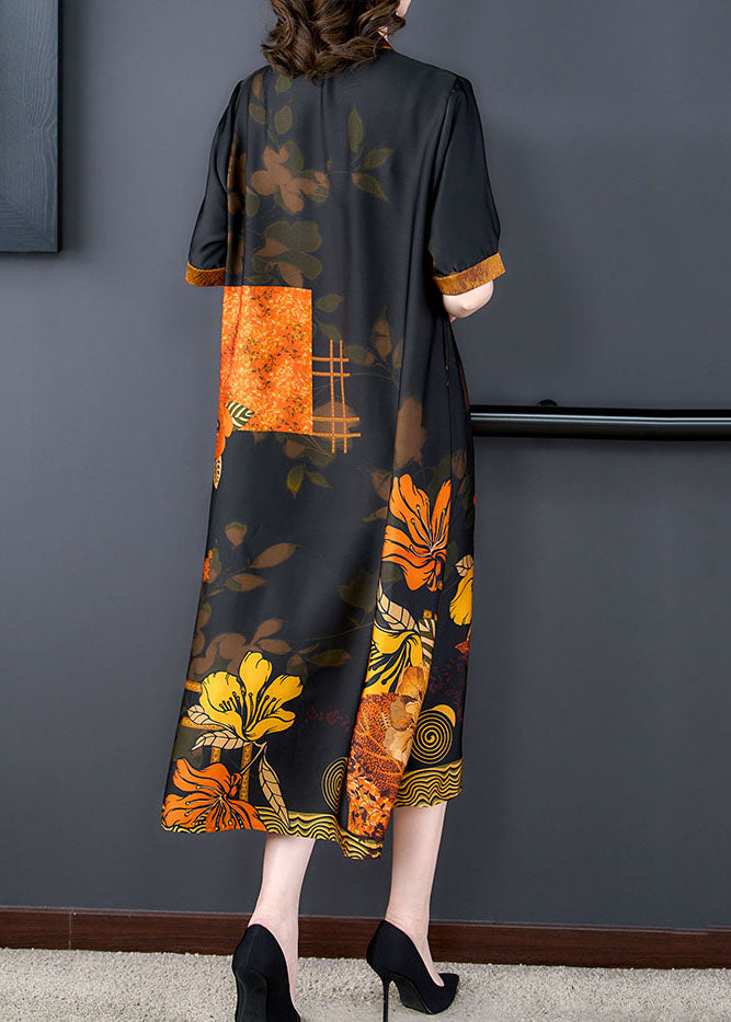 Satin Botanical Print Mandarin Collar V-Neck Midi Dress - View 4
