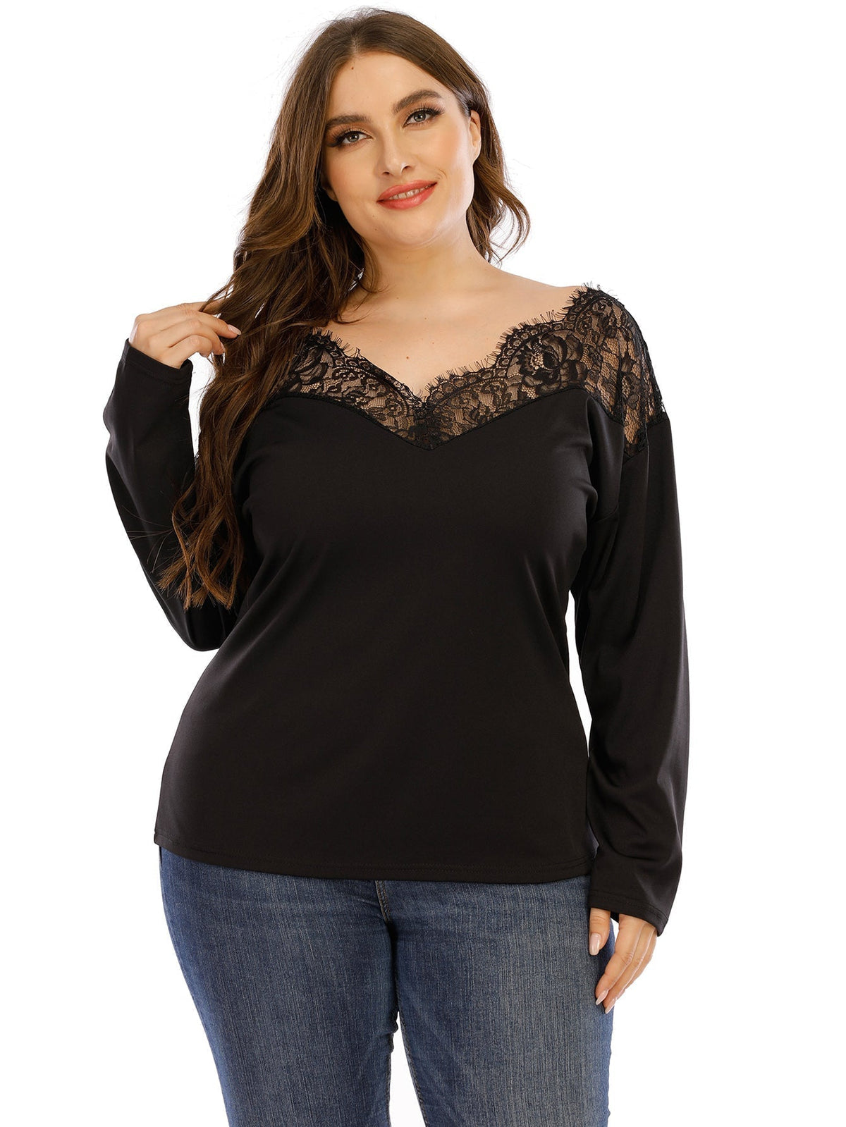 KittenAlarm - Plus Sweetheart Neck Contrast Guipure Lace Tee