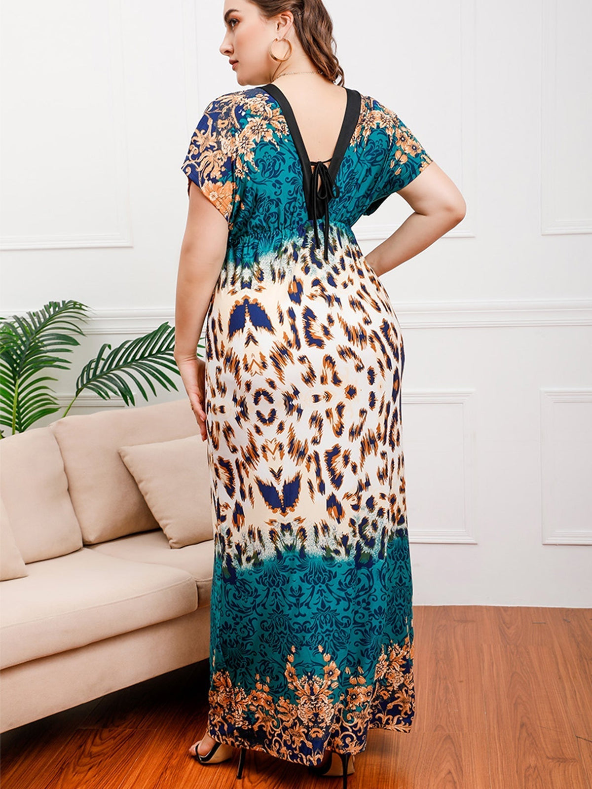 KittenAlarm - Plus size Black Leopard Smocked Waist Maxi Dress