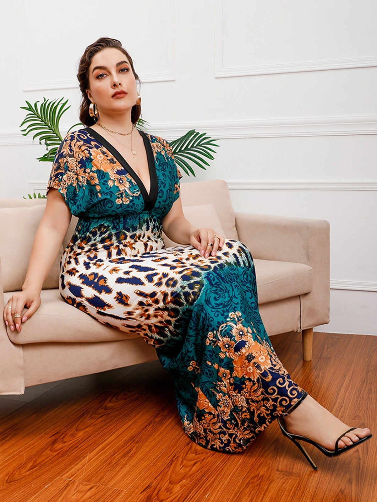KittenAlarm - Plus size Black Leopard Smocked Waist Maxi Dress