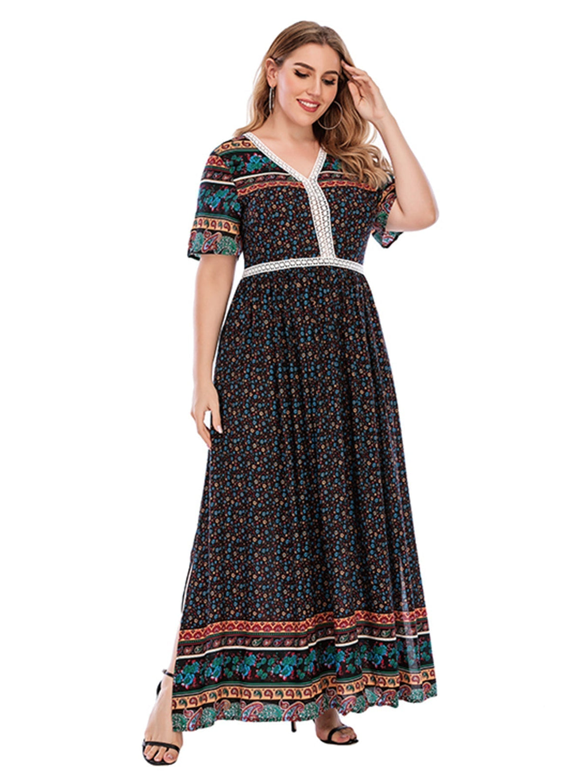 Floral Print V-Neck Short Sleeve Tiered Maxi Dress