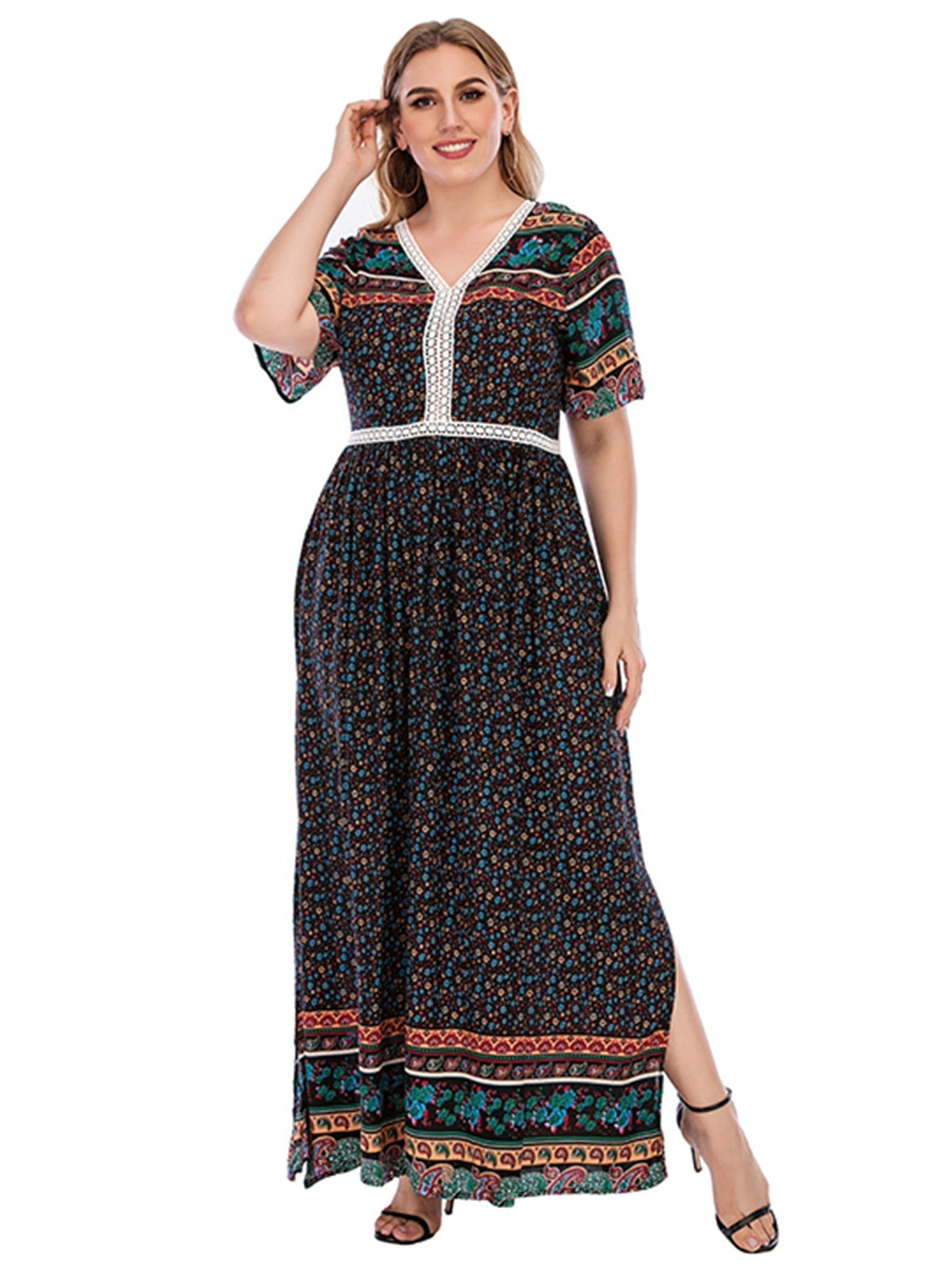 Floral Print V-Neck Short Sleeve Tiered Maxi Dress