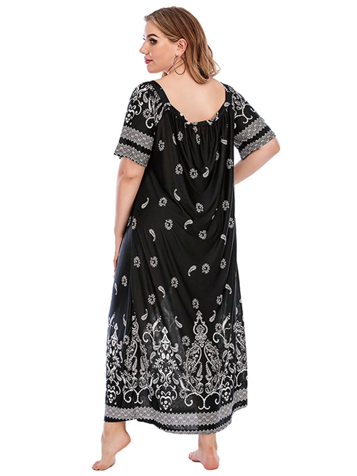 Paisley Print Square Neck Short Sleeve Shift Maxi Dress