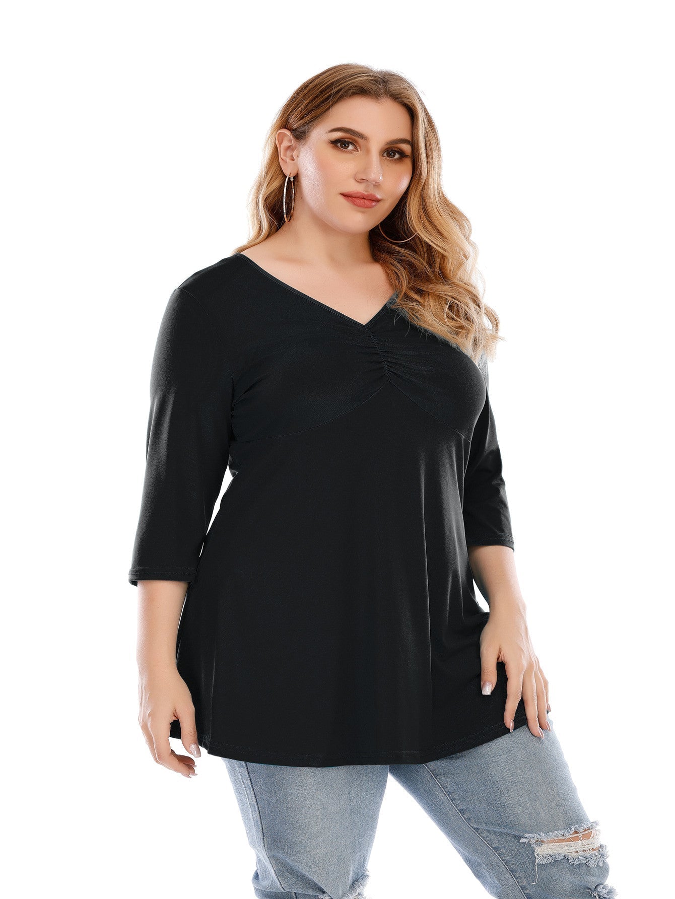 Plus size V neck 3/4 Sleeve Black Blouse Top for Women - Fashionpara