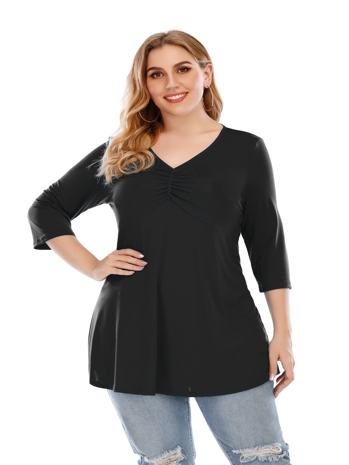 Plus size V neck 3/4 Sleeve Black Blouse Top for Women - Fashionpara