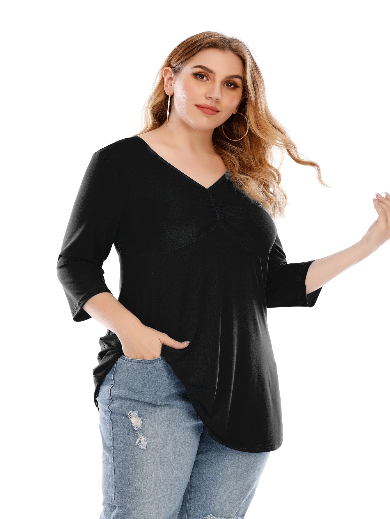 Plus size V neck 3/4 Sleeve Black Blouse Top for Women - Fashionpara