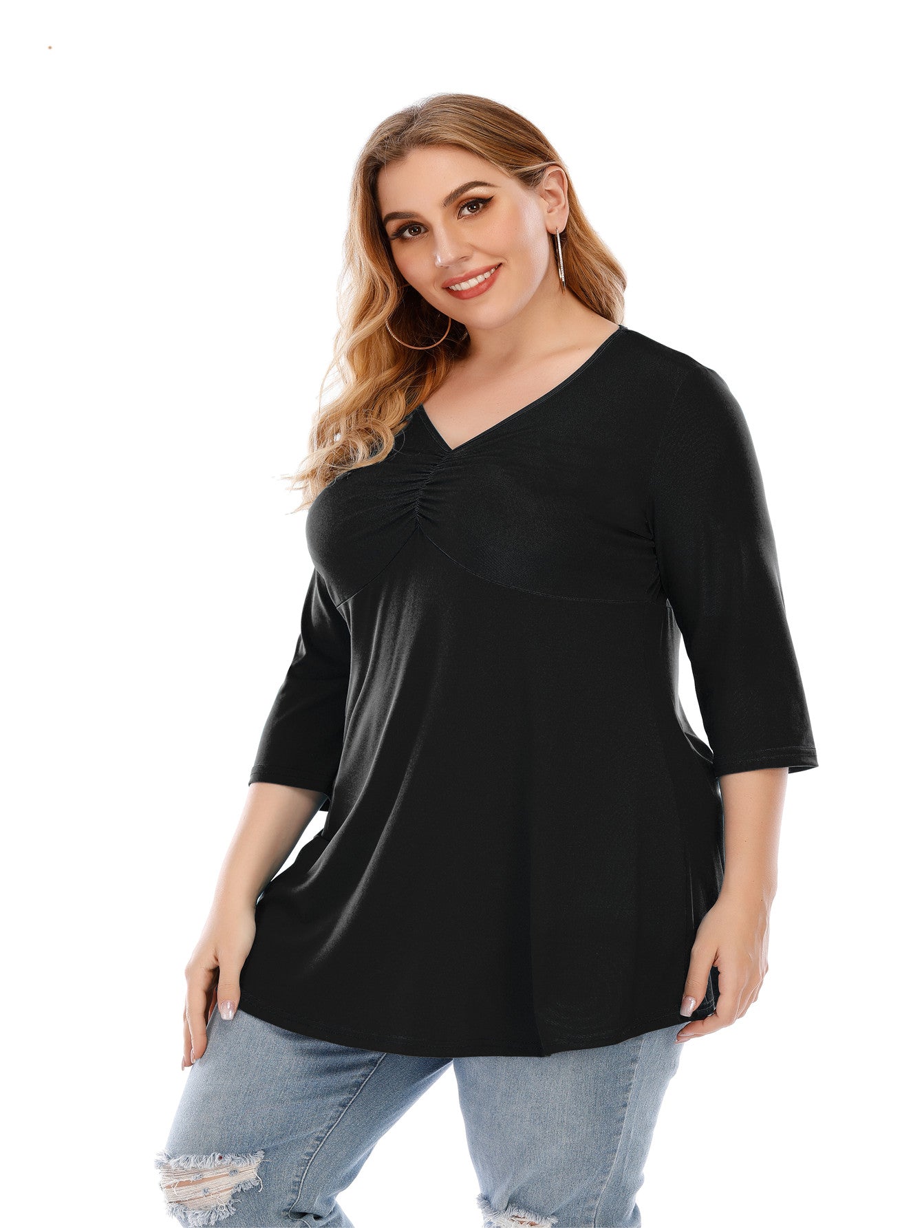 Plus size V neck 3/4 Sleeve Black Blouse Top for Women - Fashionpara