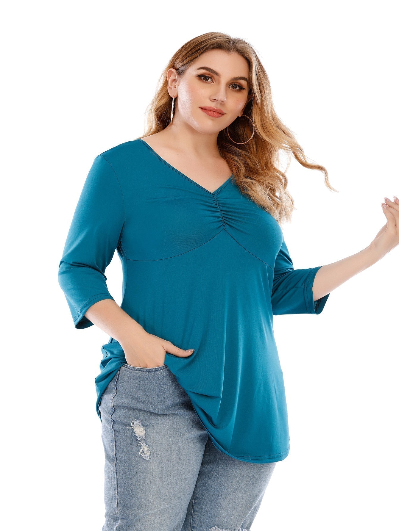 Plus size V neck 3/4 Sleeve Black Blouse Top for Women - Fashionpara
