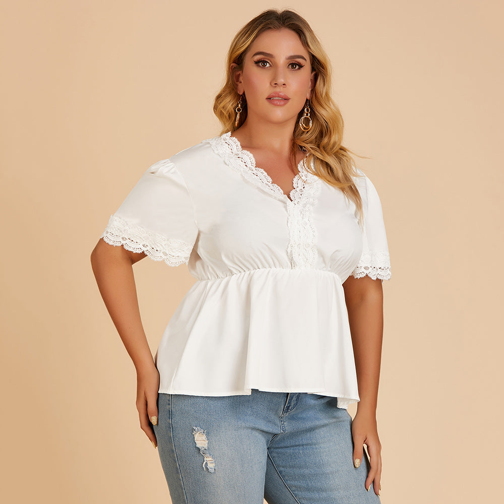 Plus size women's T-shirt lace stitching V-neck blouse with short sleeves - Fashionpara