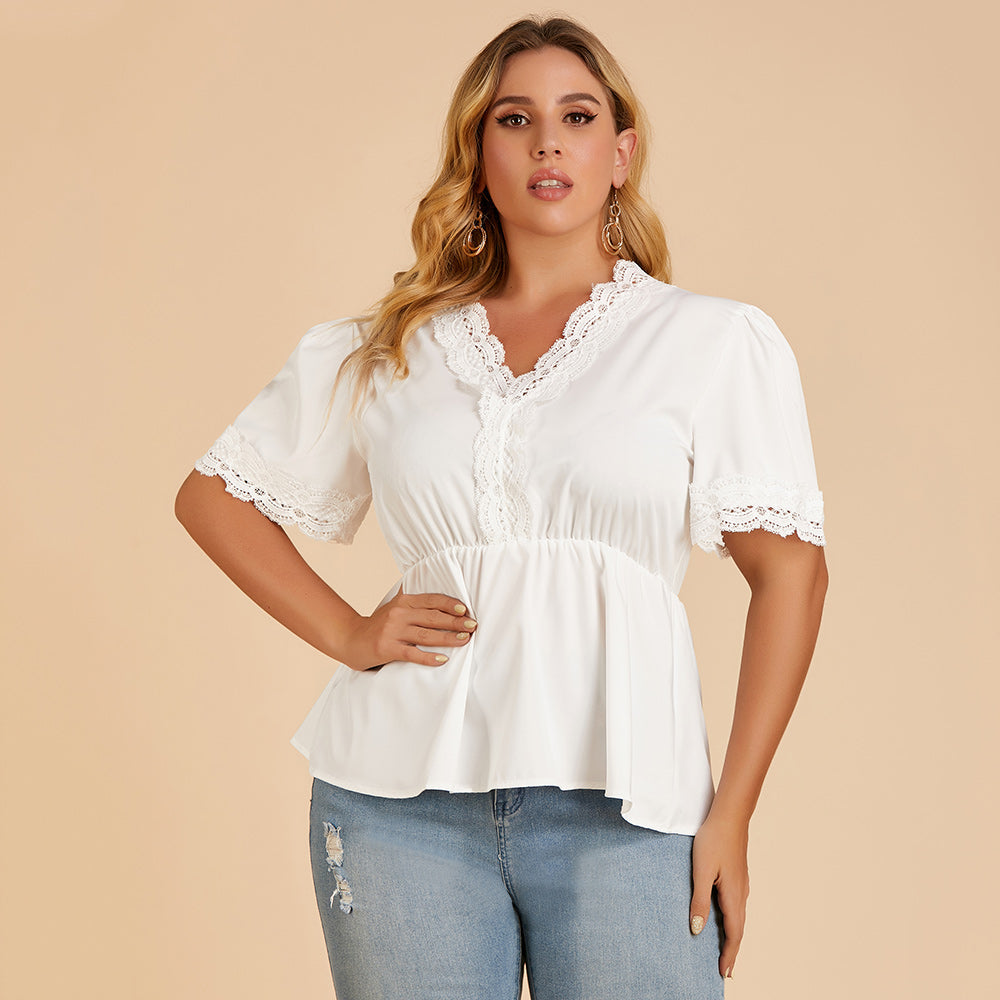 Plus size women's T-shirt lace stitching V-neck blouse with short sleeves - Fashionpara