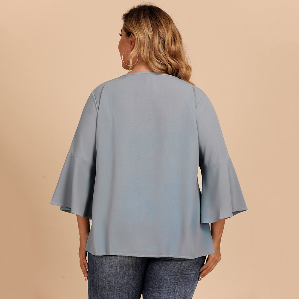 Plus size women's blouse with flared sleeves and lace crochet stitching V-neck in solid color shirt - Fashionpara