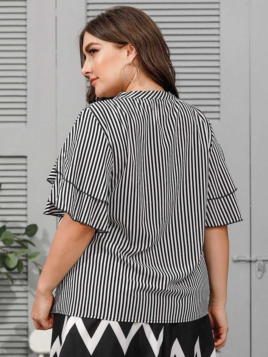 KittenAlarm - Plus size women's fashion V neck lotus leaf sleeves holiday style striped T-shirt top