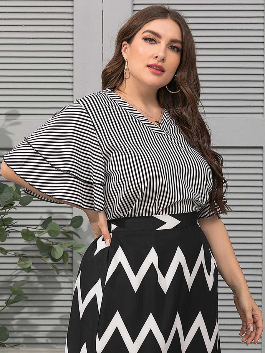 KittenAlarm - Plus size women's fashion V neck lotus leaf sleeves holiday style striped T-shirt top