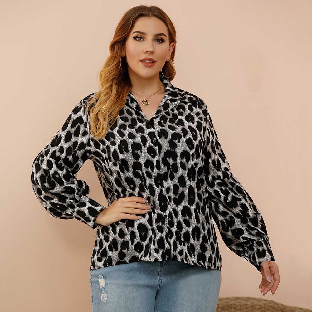 KittenAlarm - Plus size women's loose - fitting leopard-print slim lantern sleeves shirt