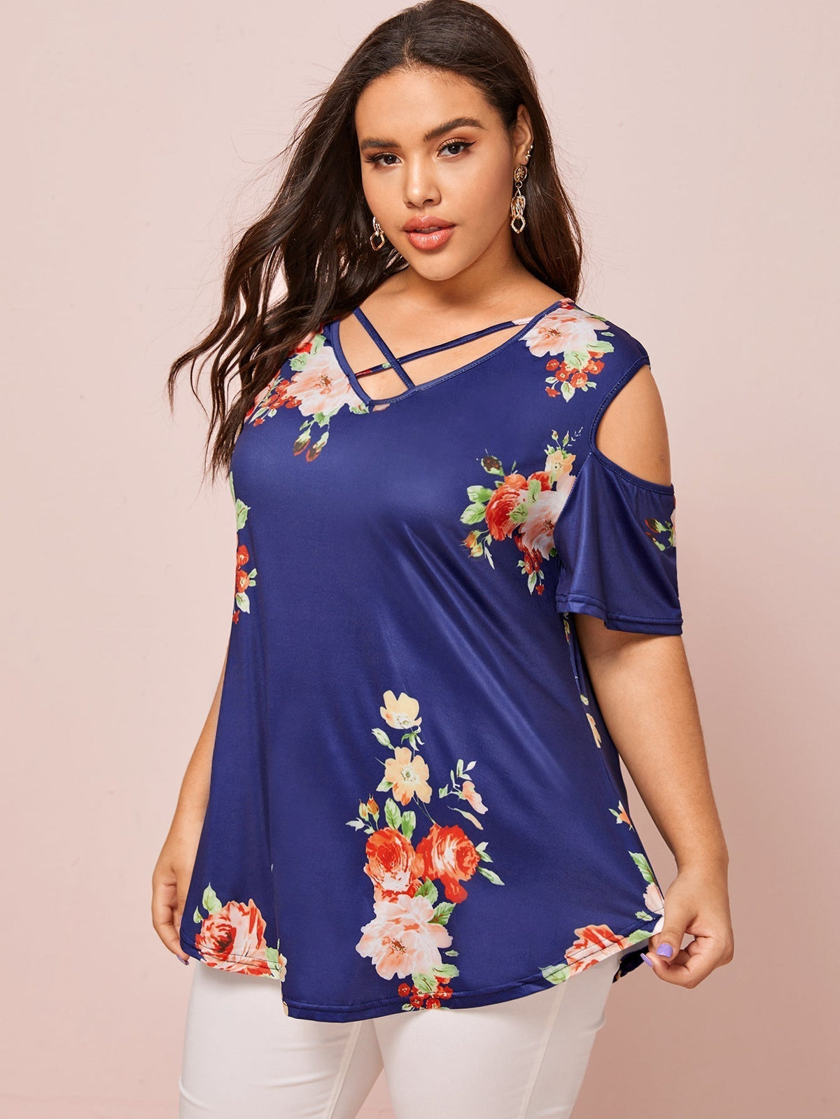 KittenAlarm - Plus v neck Cold Shoulder large floral plant print short sleeve tee top