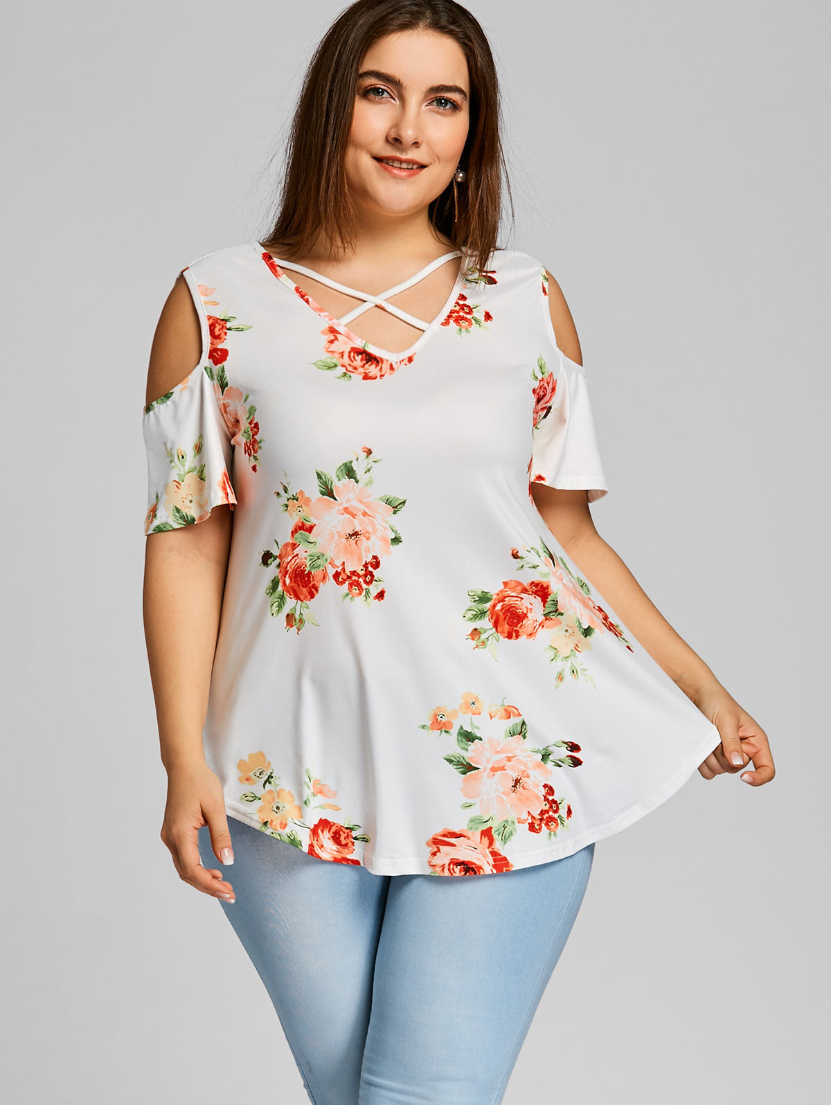 KittenAlarm - Plus v neck Cold Shoulder large floral plant print short sleeve tee top