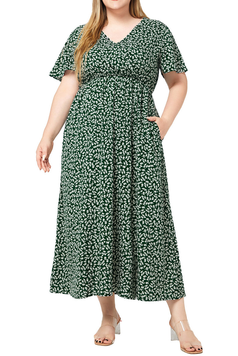 Floral V-neck Short-sleeved Plus Size Green Bohemian Beach Dresses