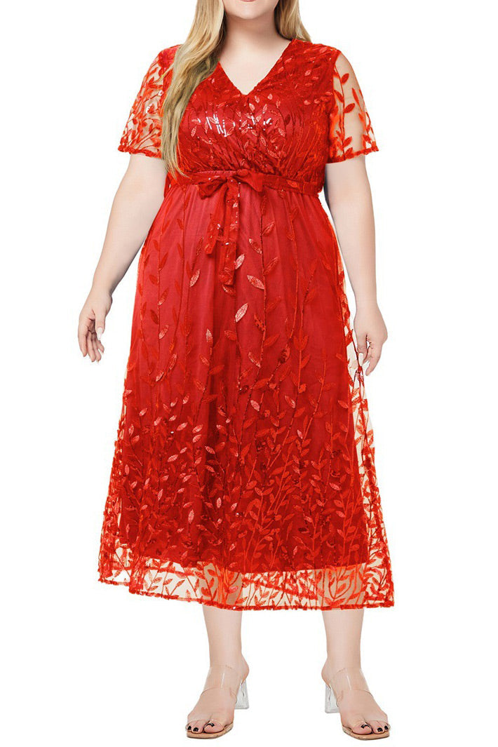 Plus Size Dark Navy Lace V-Neck Midi Dress