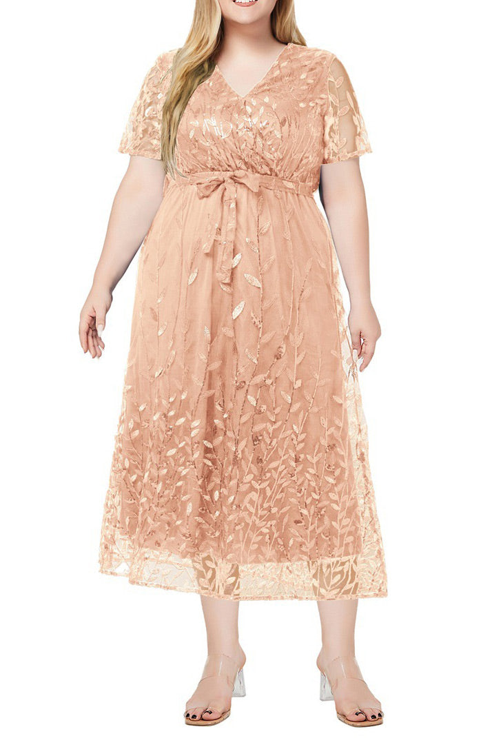 Plus Size Dark Navy Lace V-Neck Midi Dress