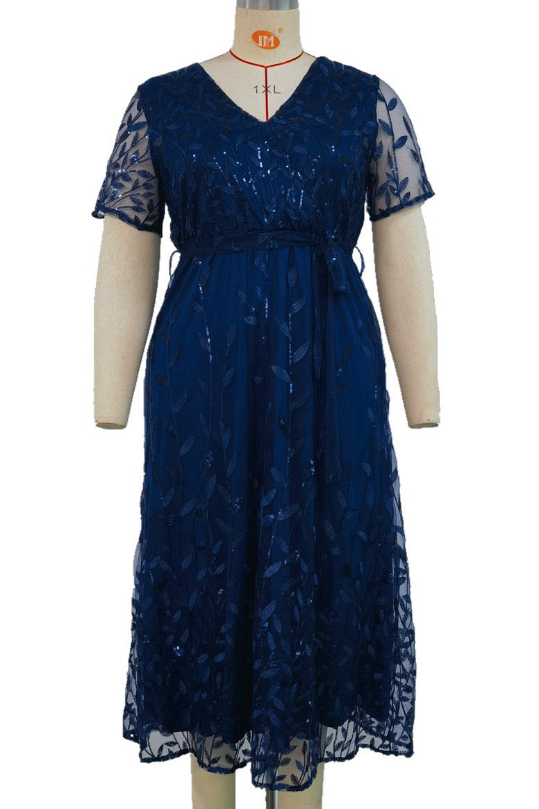 Plus Size Dark Navy Lace V-Neck Midi Dress
