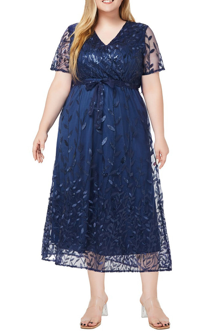 Plus Size Dark Navy Lace V-Neck Midi Dress