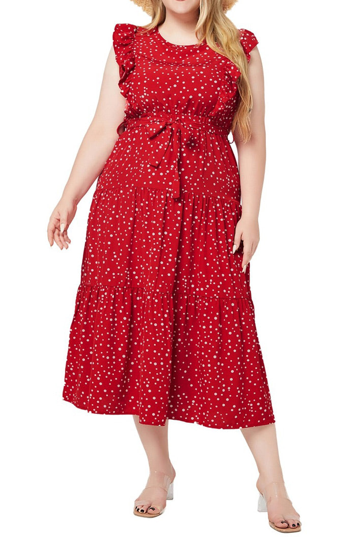 Plus Size Red Print Sleeveless A-Line Midi Dress