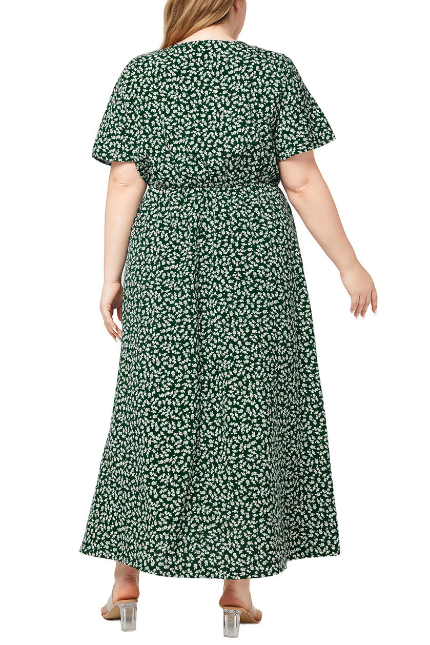 Floral V-neck Short-sleeved Plus Size Green Bohemian Beach Dresses