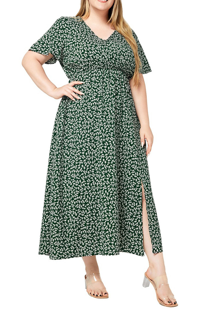 Floral V-neck Short-sleeved Plus Size Green Bohemian Beach Dresses