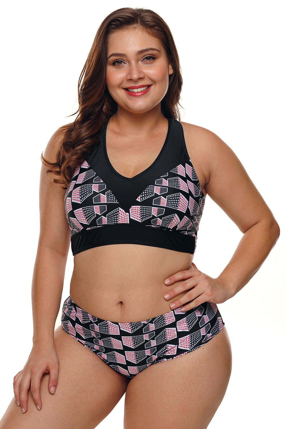 Plus Size Geometry Cross Back Bikini Swimsuit Set