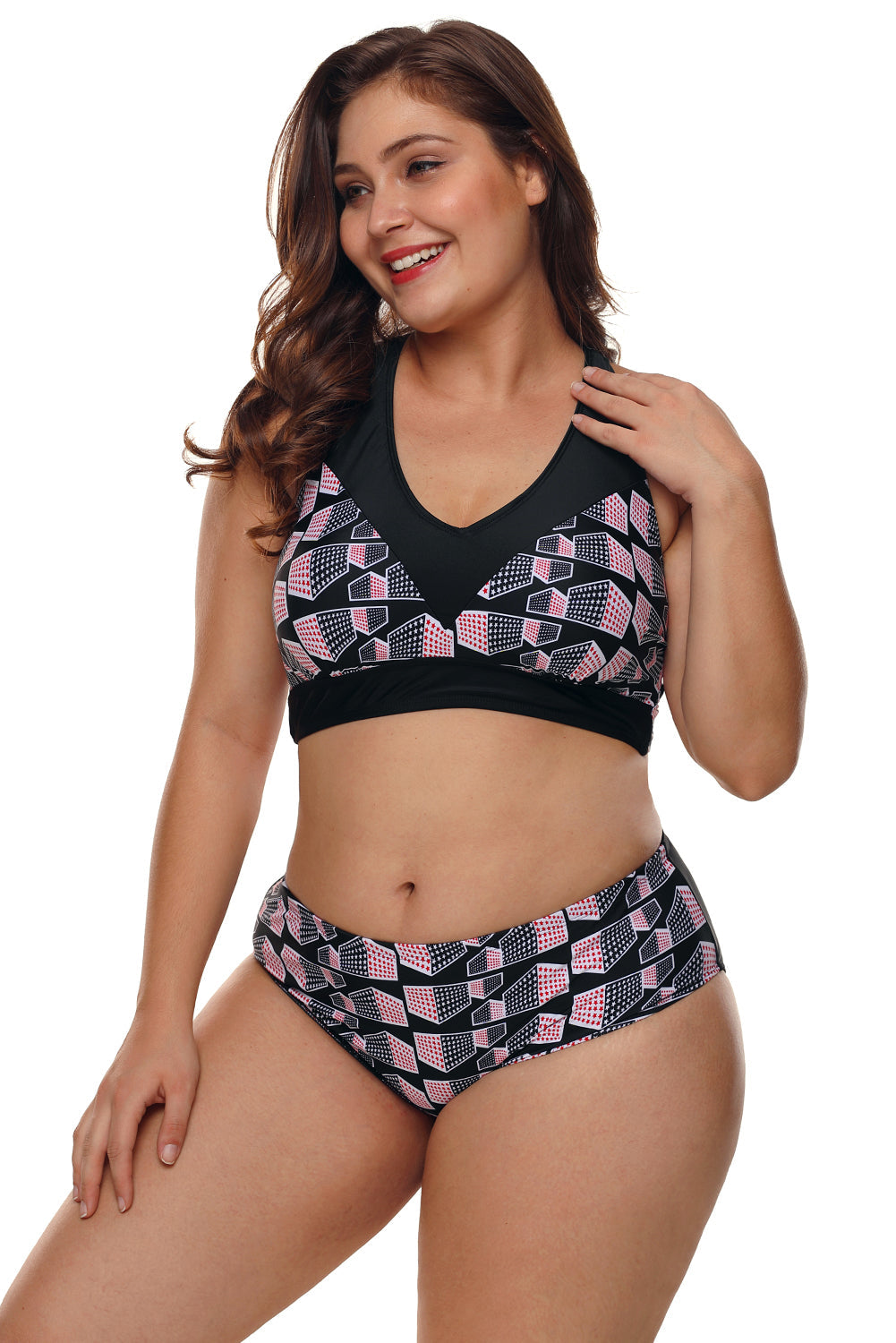 Plus Size Geometry Cross Back Bikini Swimsuit Set