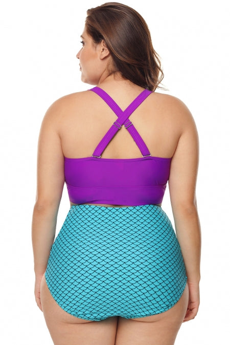 Plus Size Purple Blue Scalloped Detail High Waist Swimsuit