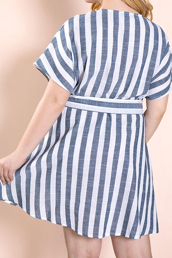 Plus Size Striped Lace-up Buttoned Dress