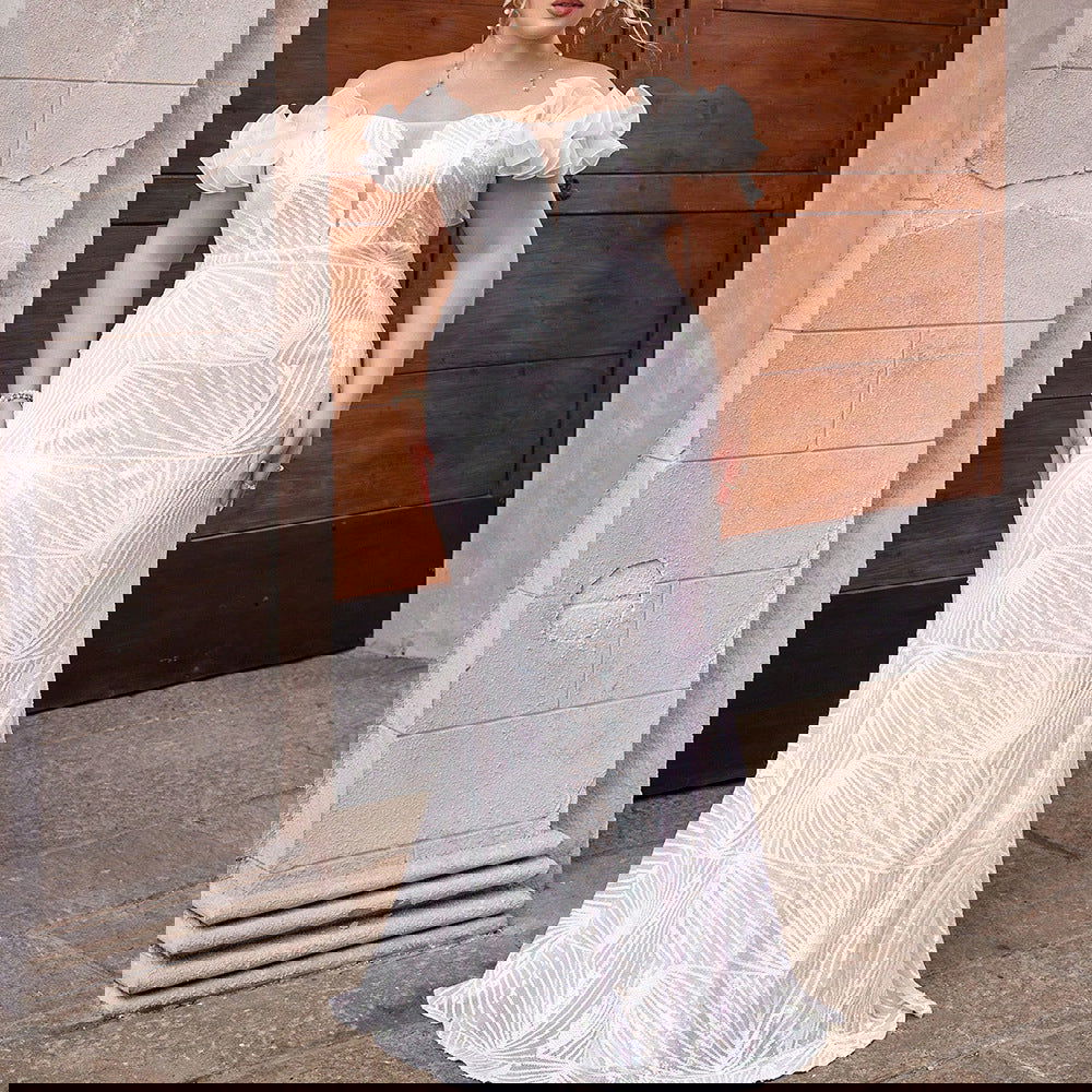 Plus Size Dress Puff Sleeve Sequin Stitching Cocktail Party Tube Top Dress - Fashionpara