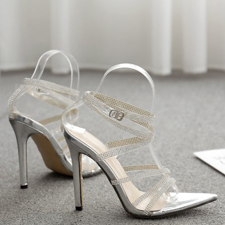 Pointed Toe Gladiator Shoes Rhinestone Stiletto Heel Sandals - Mislish