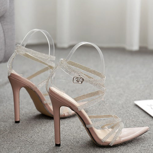 Pointed Toe Gladiator Shoes Rhinestone Stiletto Heel Sandals - Mislish