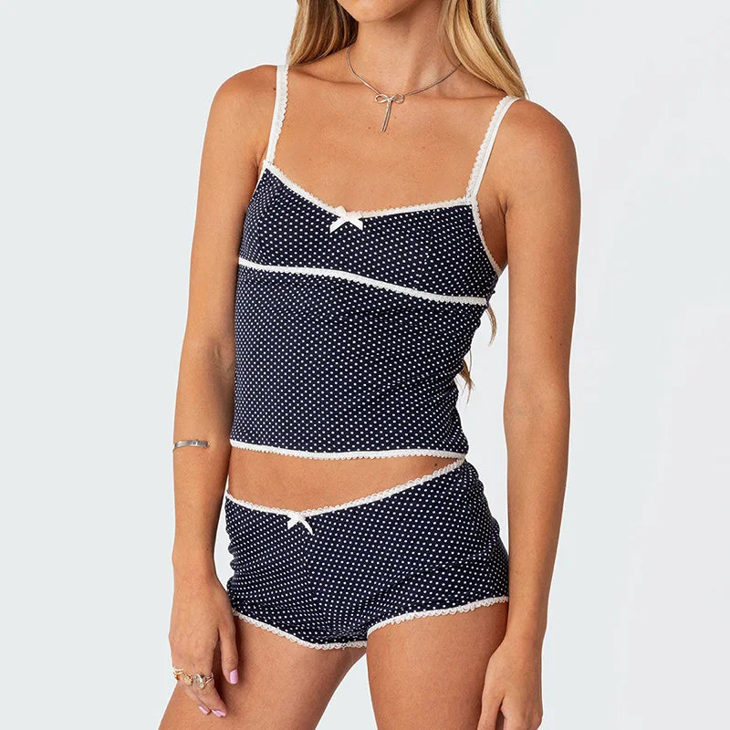 Polka Dot Vintage Crop Tops Micro Shorts Two Pieces Set