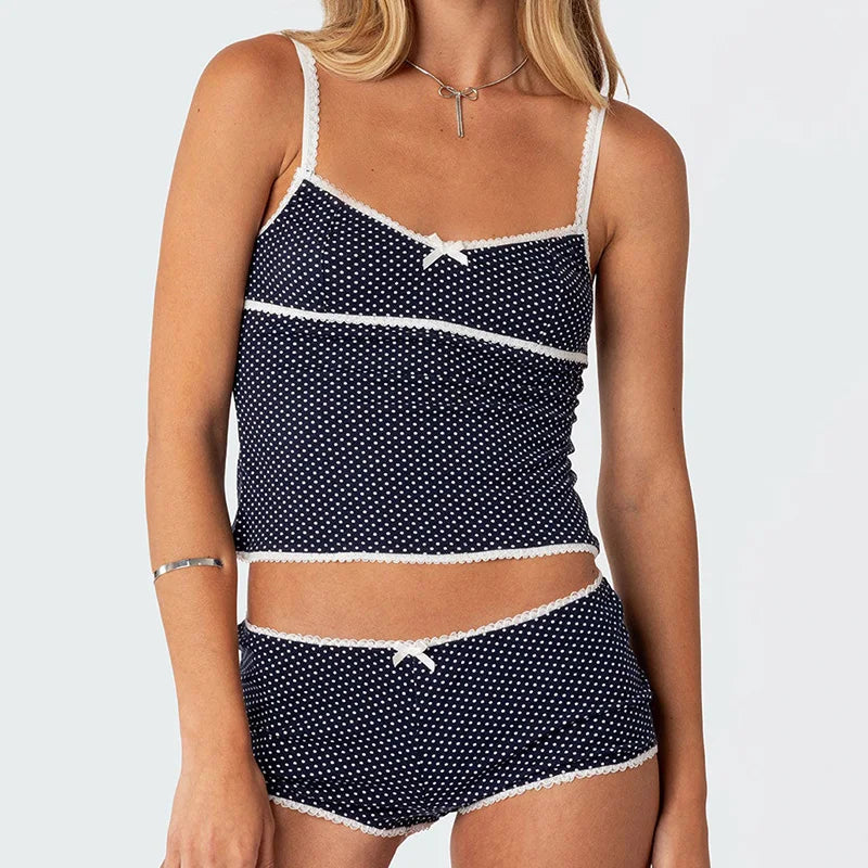 Polka Dot Vintage Crop Tops Micro Shorts Two Pieces Set