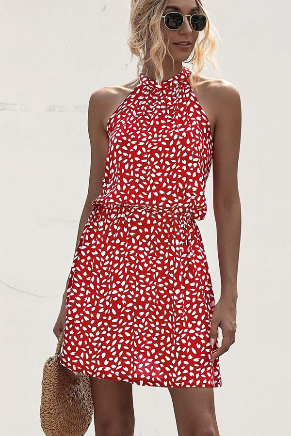 Polka Dot Print Halter Neck Casual Dress - Fashionpara
