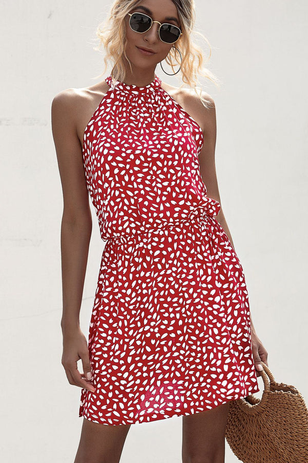 Polka Dot Print Halter Neck Casual Dress - Fashionpara