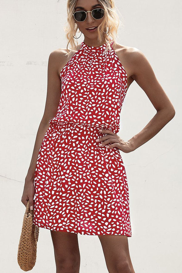 Polka Dot Print Halter Neck Casual Dress - Fashionpara