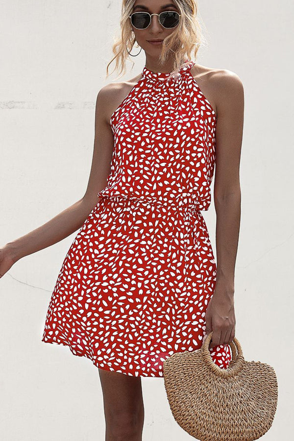 Polka Dot Print Halter Neck Casual Dress - Fashionpara