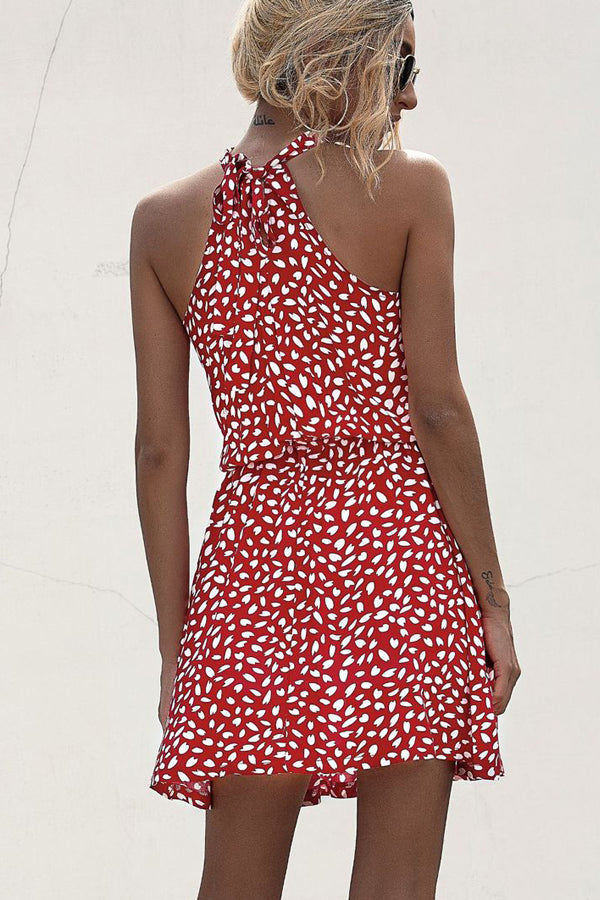 Polka Dot Print Halter Neck Casual Dress - Fashionpara