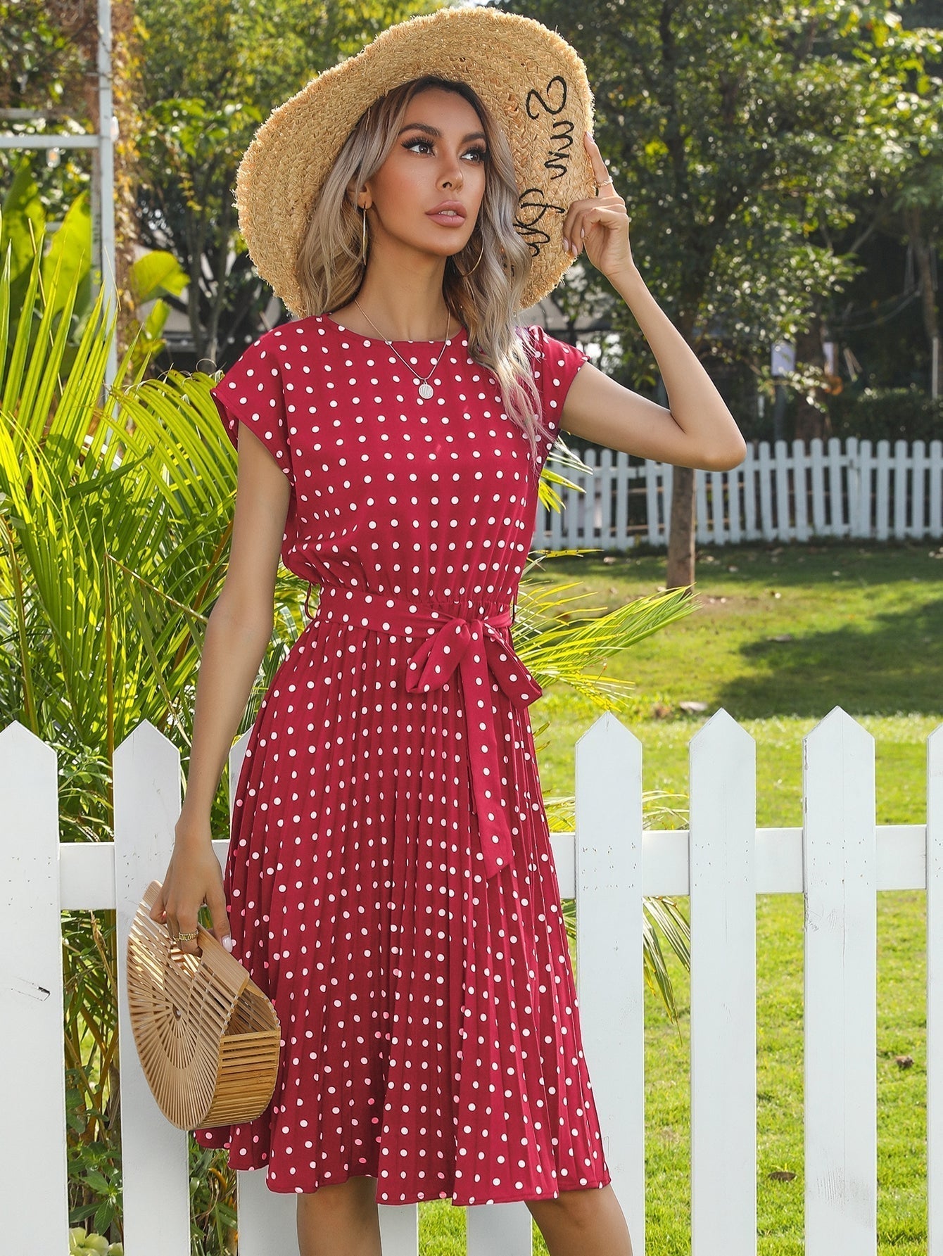 Polka Dot print Belted Pleated A-line Dress - Fashionpara