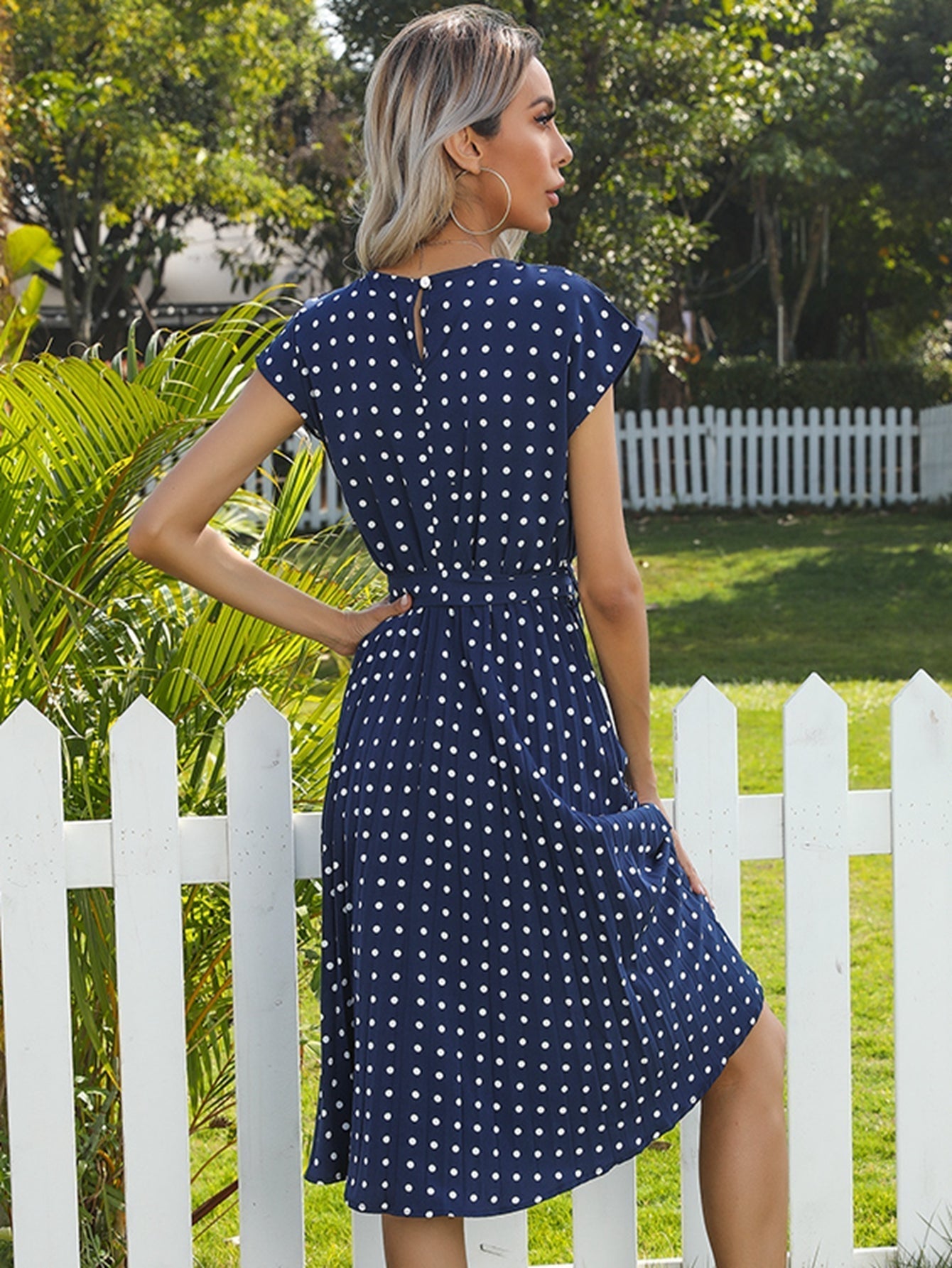 Polka Dot print Belted Pleated A-line Dress - Fashionpara
