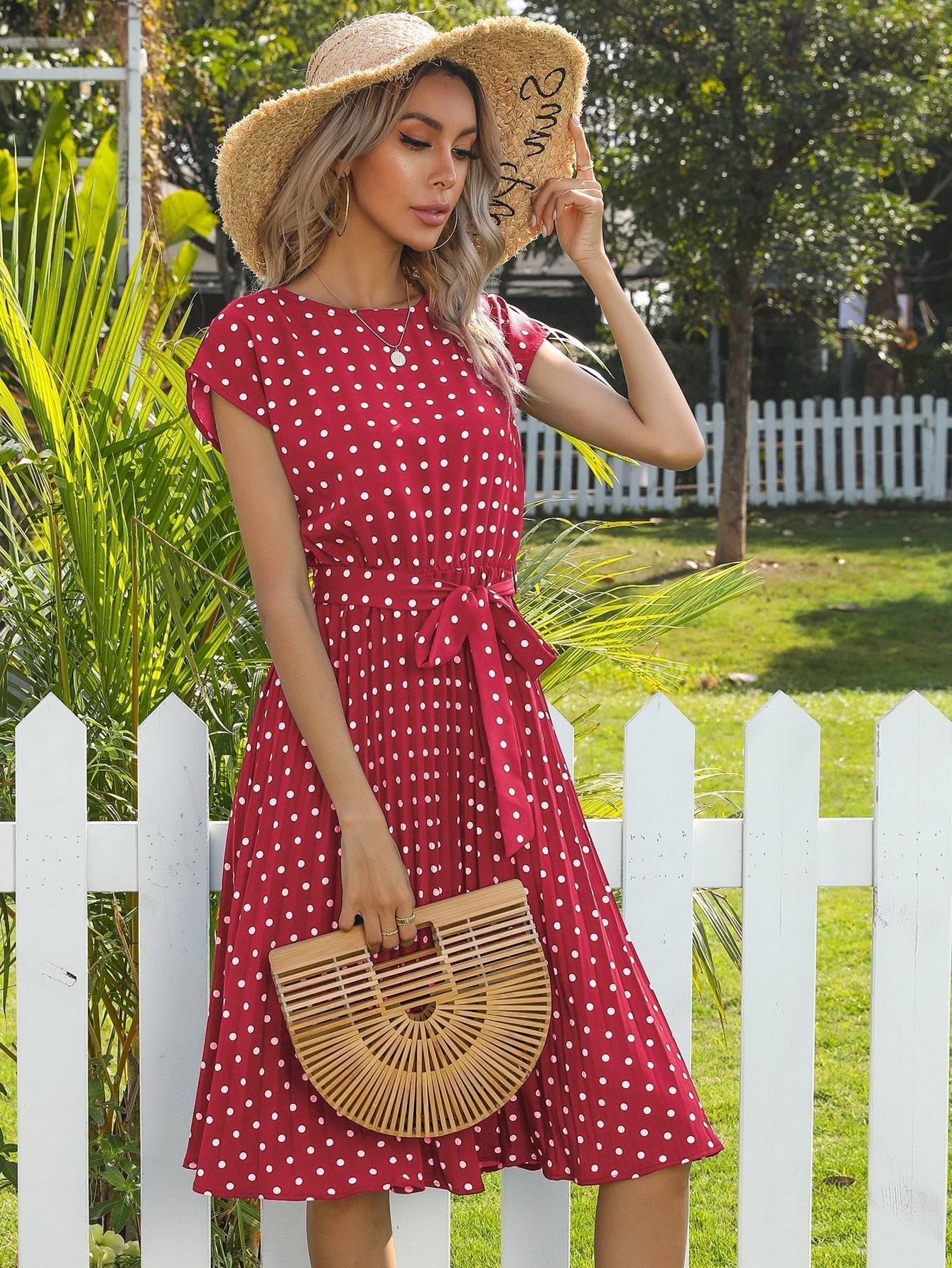 Polka Dot print Belted Pleated A-line Dress - Fashionpara