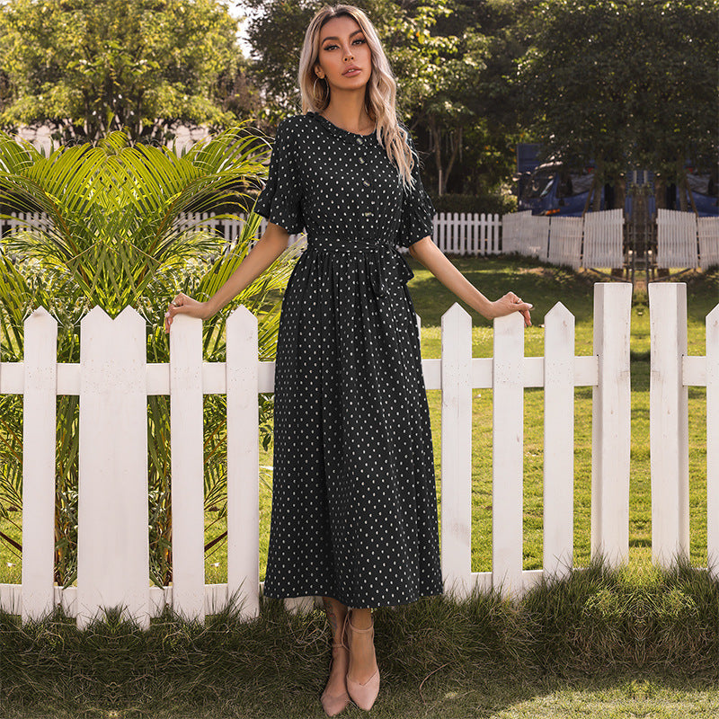 Polka Dots Button Front Elastic Waist Self Tie Ruffled Dress - Fashionpara
