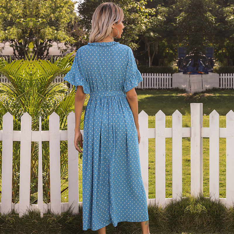 Polka Dots Button Front Elastic Waist Self Tie Ruffled Dress - Fashionpara